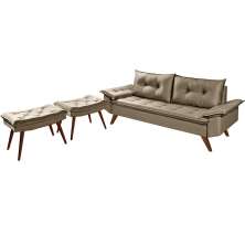 Sofa Retro Bariloche 3 Lugares Tecido Suede Com Duas Banquetas Rubi Pes em Madeira