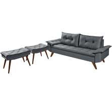 Sofa Retro Bariloche 3 Lugares Tecido Suede Com Duas Banquetas Rubi Pes em Madeira