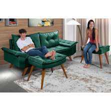 Sofa Retro Bariloche 3 Lugares Tecido Suede Com Duas Banquetas Rubi Pes em Madeira