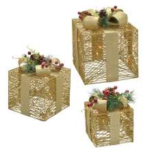 Kit com 3 Caixas Natalinas com Luz Espressione Dourado e Vermelho