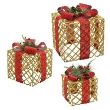 Kit com 3 Caixas Natalinas com Luz Espressione II Dourado com Fita Vermelha