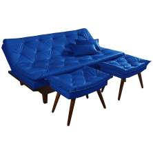 Kit Sofa Cama Caribe + 2 banquetas Rubi Courino Azul Marinho Couro Sintetico Essencial Estofados