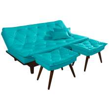 Kit Sofa Cama Caribe + 2 banquetas Rubi Courino Azul Turquesa Couro Sintetico Essencial Estofados