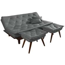 Kit Sofa Cama Caribe + 2 banquetas Rubi Courino Cinza Couro Sintetico Essencial Estofados