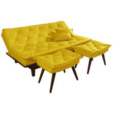Kit Sofa Cama Caribe + 2 banquetas Rubi Courino Couro Sintetico Amarelo Essencial Estofados