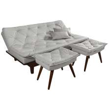 Kit Sofa Cama Caribe + 2 banquetas Rubi Courino Gelo Couro Sintetico Essencial Estofados