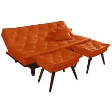 Kit Sofa Cama Caribe + 2 banquetas Rubi Courino Laranja Couro Sintetico Essencial Estofados