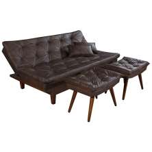 Kit Sofa Cama Caribe + 2 banquetas Rubi Courino Marrom Couro Sintetico Essencial Estofados