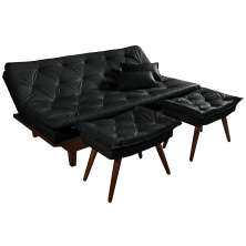 Kit Sofa Cama Caribe + 2 banquetas Rubi Courino Preto Couro Sintetico Essencial Estofados