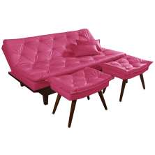 Kit Sofa Cama Caribe + 2 banquetas Rubi Courino Rosa Couro Sintetico Essencial Estofados