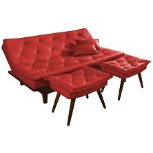 Kit Sofa Cama Caribe + 2 banquetas Rubi Courino Vermelho Couro Sintetico Essencial Estofados