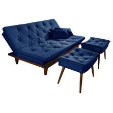 Kit Sofa Cama Caribe + 2 banquetas Rubi Suede Azul Marinho Essencial Estofados