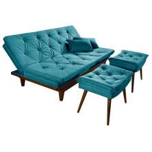 Kit Sofa Cama Caribe + 2 banquetas Rubi Suede Azul Turquesa Essencial Estofados