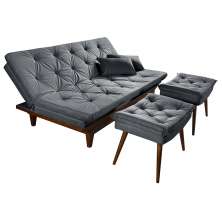 Kit Sofa Cama Caribe + 2 banquetas Rubi Suede Cinza Essencial Estofados