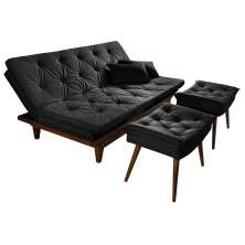 Kit Sofa Cama Caribe + 2 banquetas Rubi Suede Preto Essencial Estofados
