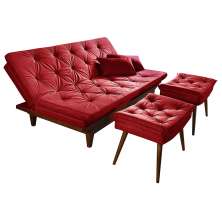 Kit Sofa Cama Caribe + 2 banquetas Rubi Suede Vermelho Essencial Estofados