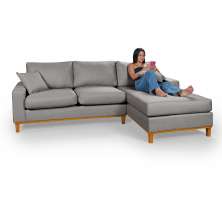Sofá Living Amsterdã Com Chaise 3 Lugares Revestido Linho Base em Madeira