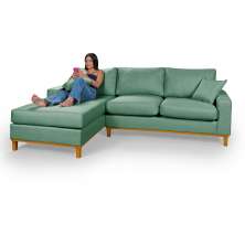 Sofá Living Amsterdã Com Chaise 3 Lugares Revestido Linho Base em Madeira