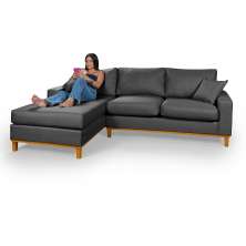 Sofá Living Amsterdã Com Chaise 3 Lugares Revestido Linho Base em Madeira