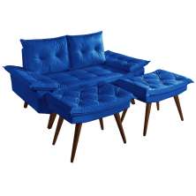 Sofá Namoradeira Bariloche 2 Lugares + 2 banquetas Rubi Courino Azul Marinho Couro Sintetico Essencial Estofados