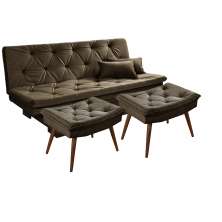 Sofá cama Bau reclinável 3 posições + 2 banquetas  em Suede Cappuccino