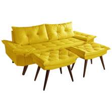 Sofa Bariloche 3 Lugares + 2 banquetas Retro Courino Amarelo Couro Sintetico Essencial Estofados