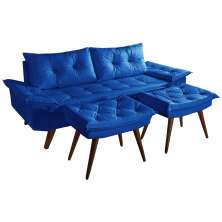 Sofa Bariloche 3 Lugares + 2 banquetas Retro Courino Azul Marinho Couro Sintetico Essencial Estofados