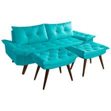 Sofa Bariloche 3 Lugares + 2 banquetas Retro Courino Azul Turquesa Couro Sintetico Essencial Estofados