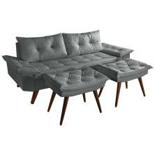 Sofa Bariloche 3 Lugares + 2 banquetas Retro Courino Cinza Couro Sintetico Essencial Estofados