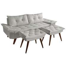 Sofa Bariloche 3 Lugares + 2 banquetas Retro Courino Gelo Couro Sintetico Essencial Estofados