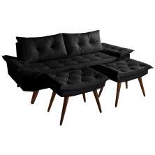 Sofa Bariloche 3 Lugares + 2 banquetas Retro Courino Preto Couro Sintetico Essencial Estofados