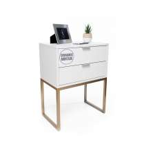 Mesa De Cabeceira Industrial 40cm Branco 2 Gavetas Com Base Metal Dourada Para Quarto Lateral Da Cama