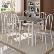 Conjunto de Mesa Granada com 6 Cadeiras Madri Branco e Natural Bege