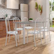 Conjunto de Mesa Granada com 6 Cadeiras Madri Prata e Branco Floral