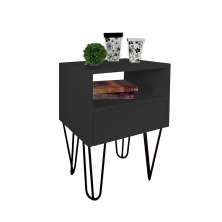 Mesa de Cabeceira Lateral Nicho com Gaveteiro Pés Hairpin Legs Estilo Industrial Preto Laca