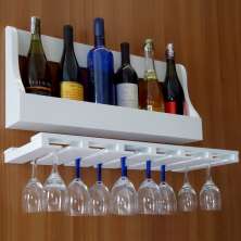 Porta Taças e Prateleira Adega Decorativa Suspenso de Parede para Vinhos Garrafas Bares - Branco Laca