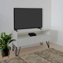 Rack para TV Bancada Com Nicho e Gaveta Pés Hairpin Legs Estilo Industrial Off White Laca