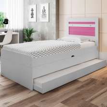Cama Baú Solteiro Branco e Rosa com Aux. e Colchões
