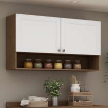 Armário Aéreo 120 cm 2 Portas Frente 100% MDF Estilo Americano Branco/Ébano