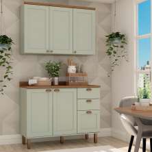 Cozinha Compacta Iluminata 5 Portas 3 Gavetas Verde Mint e Ébano