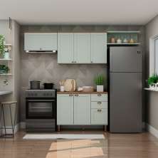 Cozinha Compacta Iluminata 6 Portas 3 Gavetas Verde Mint e Ébano