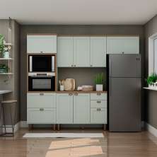 Cozinha Compacta Iluminata 8 Portas 4 Gavetas Verde Mint e Ébano