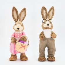 Casal De Coelhos De Páscoa Decoração Enfeite em Palha Coelhinhos 43cm
