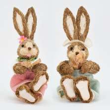 Casal De Coelhos De Páscoa Decoração em Palha Coelhinhos 30cm