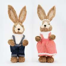 Casal De Coelhos De Páscoa Decoração em Palha Coelhinhos 39cm