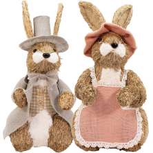 Casal De Coelhos De Páscoa Rústico Decoração Artesanal Palha