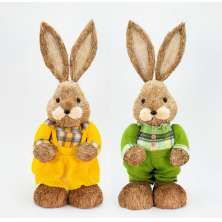 Casal De Coelhos Páscoa Decoração em Palha Coelhinhos Coloridos 60cm