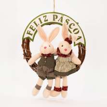 Guirlanda de Páscoa Casal de Coelhos Enfeite Decorativo 40x36cm
