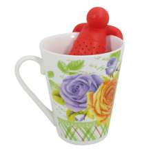 Kit Caneca Vintage Floral Estampada Cerâmica 330ml E Boneco Infusor de Chá Silicone