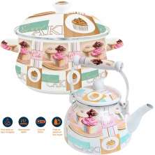 Kit Panela Caçarola Chaleira Cake Esmaltados Indução Vintage